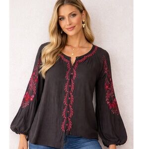 Soft surroundings top embroidery brown/ red button Sz S